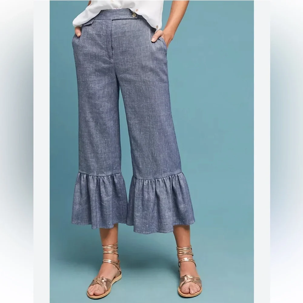 Anthropologie Ett Twa Chambray Linen Ruffle Crop Pants - Picture 2 of 16